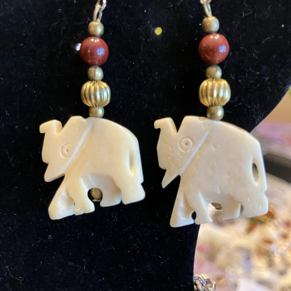 Bone  Elephant Dangle Earrings with Gold and Brown Accents - Women Jewelry - Picture 8 of 9